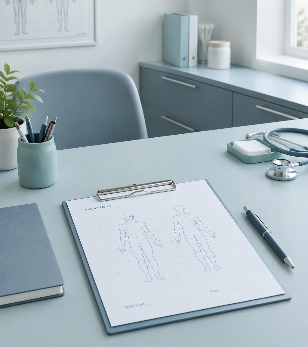 A body-outline sketch and clipboard for personalised treatment planning